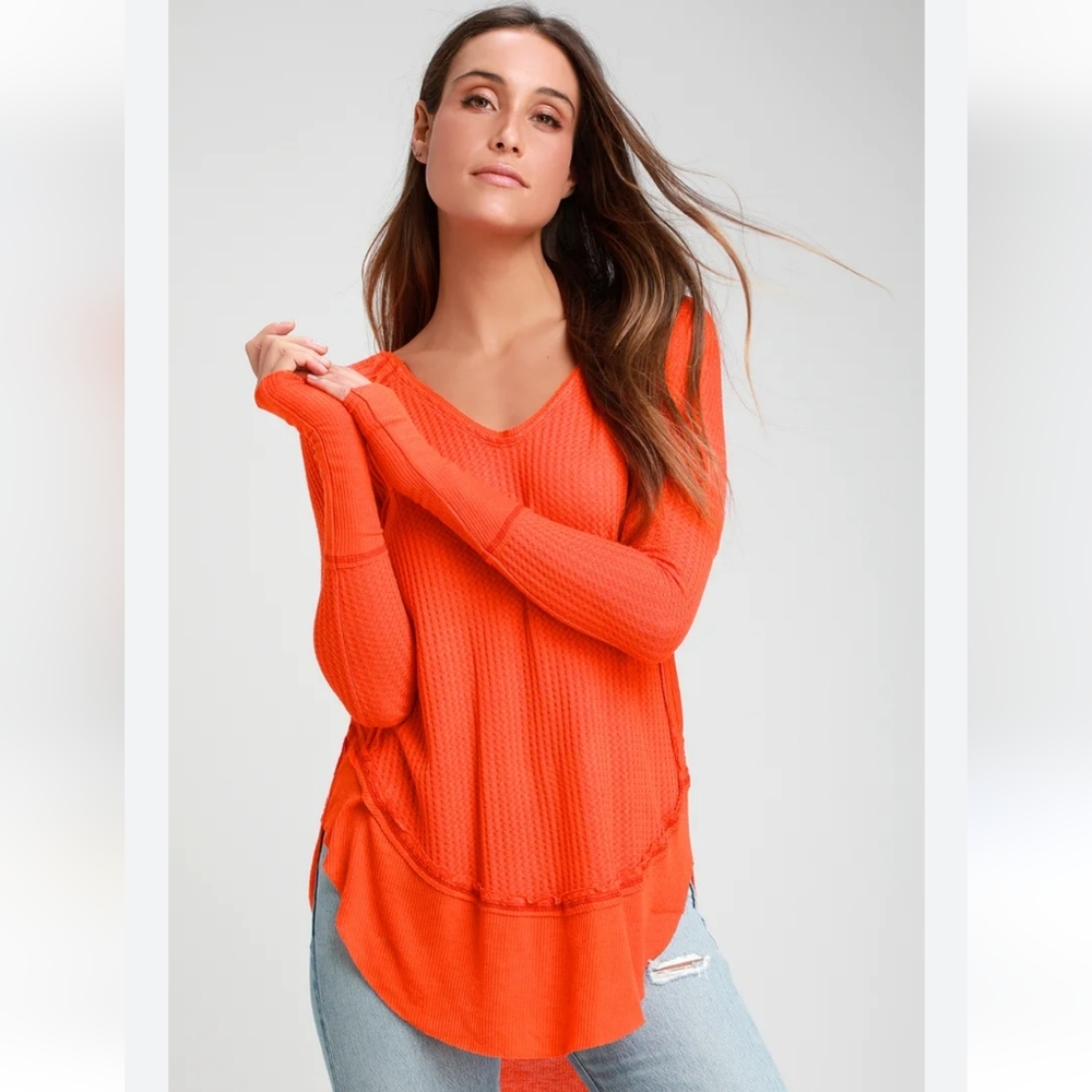 Free People Catalina Orange Thermal Oversized Waffle Knit Top Size S - Picture 1 of 12